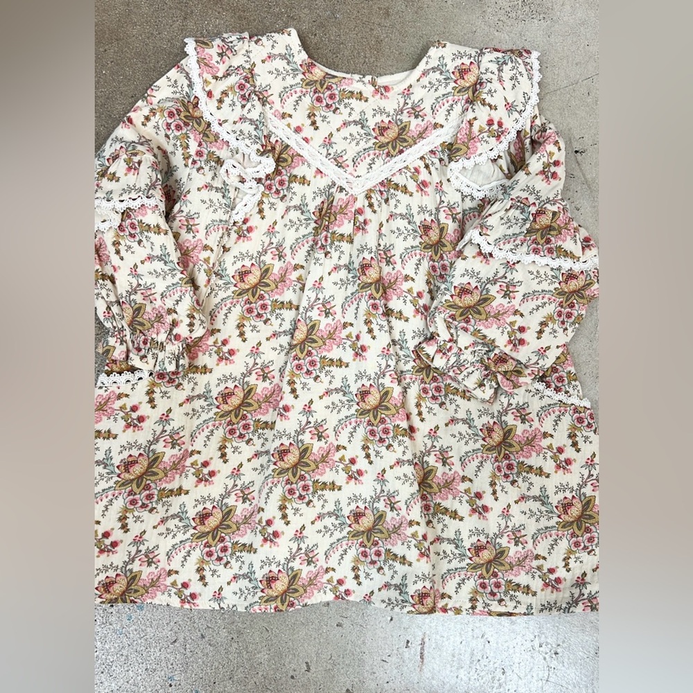 Louise Misha Cream French Flowers Long Dress with Lace Trim